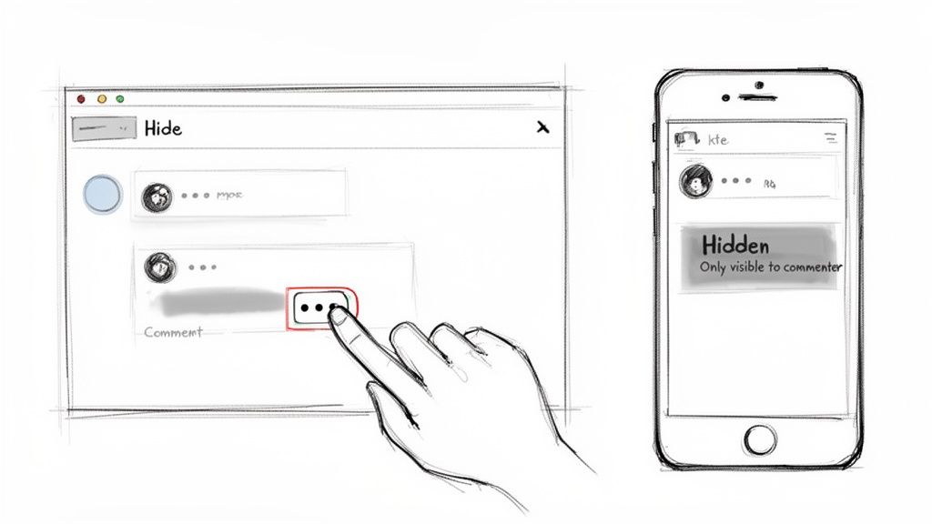 A sketch demonstrating how to hide a comment on a desktop interface, resulting in a hidden comment displayed on a mobile phone.