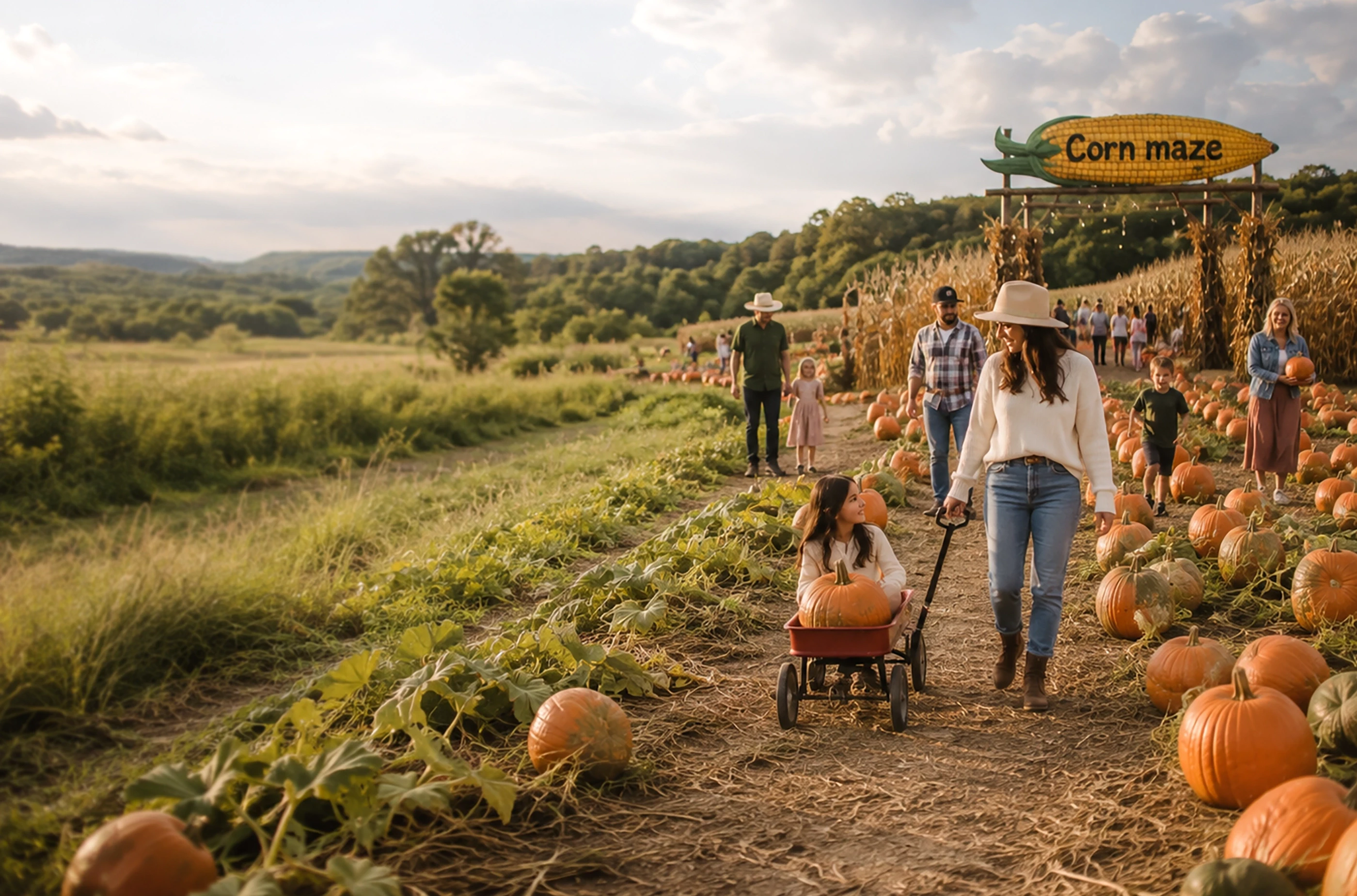 a mom pulling her girl child in a red wagon in a pumpkin patch with a corn maze sign in the background