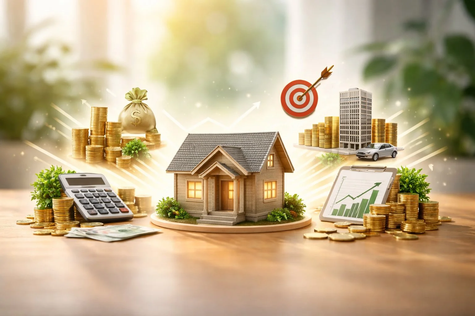 House model transforming into multiple financial outcomes, represented by symbolic objects, with soft natural lighting and realistic details.