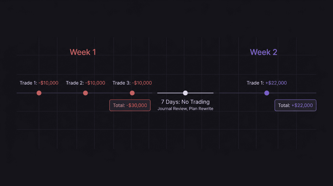 Timeline showing Week 1 with 3 forced trades totaling minus 30K versus Week 2 with 1 patient trade for plus 22K