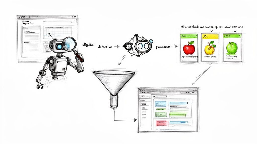Digital detective robot analyzing browser data, processing it through a funnel to display structured results.