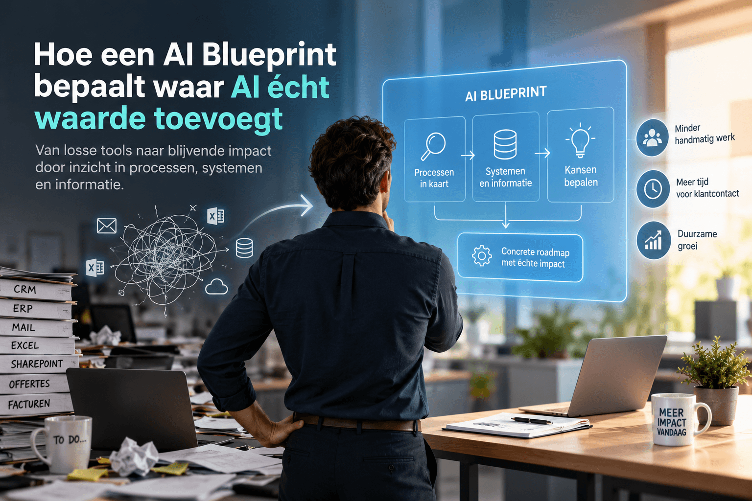 Schema van een AI Blueprint: processen in kaart, systemen en informatie, kansen bepalen en een concrete roadmap