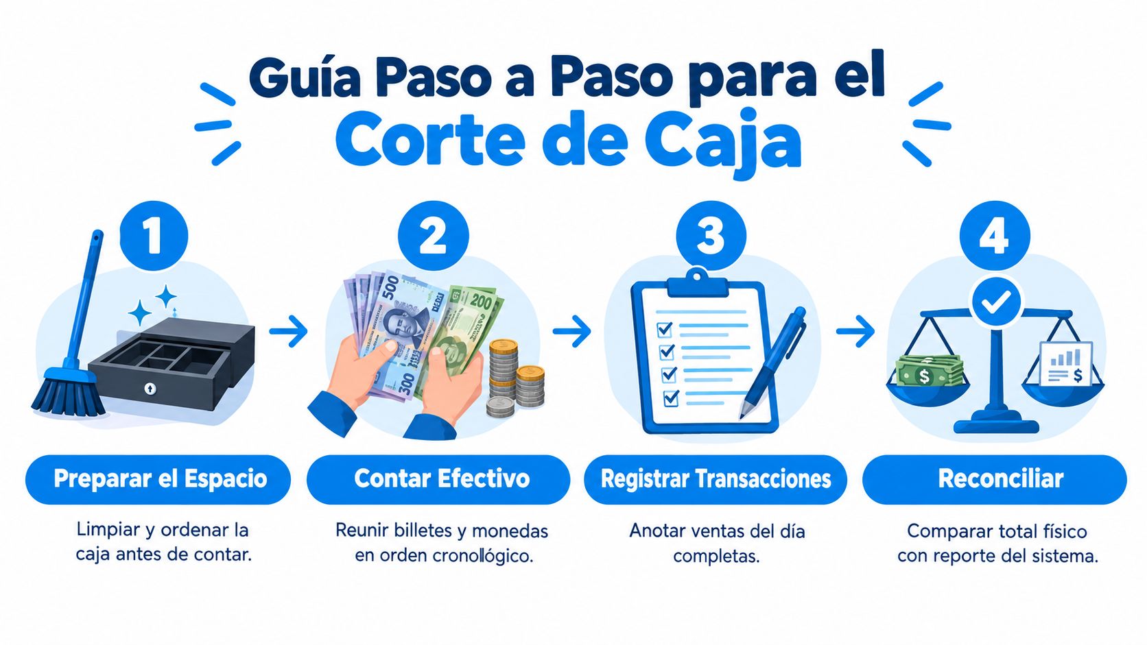 Guía visual paso a paso para realizar un corte de caja efectivo en un negocio pequeño.