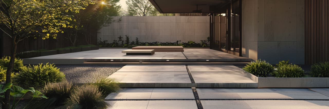 Modern backyard patio with large tiles and plants, outdoor space renovation design
