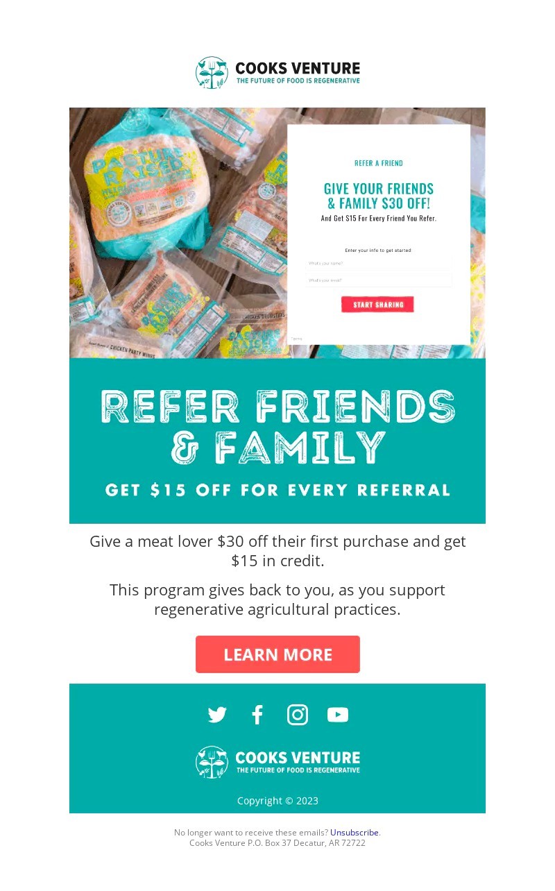 Cook Ventures referral email offering discounts for referring friends, with a focus on sustainable agriculture