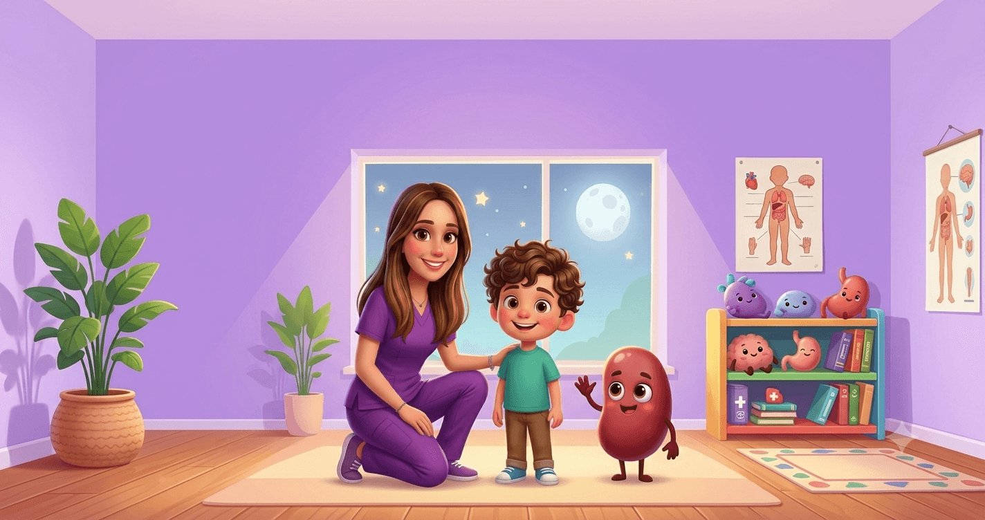 Ilustración de la Dra. Cristina Castañeda, nefróloga pediatra en CDMX, acompañando a un niño en consulta — artículo sobre enuresis (mojar la cama) en niños.