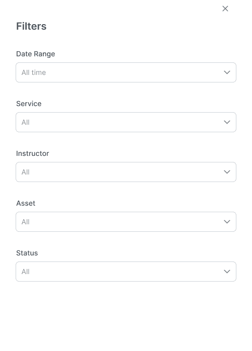 Booked Sessions filter panel showing date range, service, instructor, asset, and status fields.