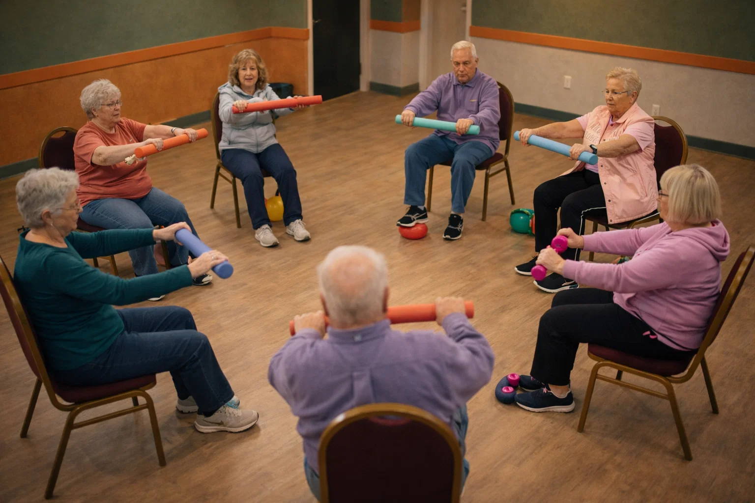 A group of seniors is seated in a circle, engaging in a stretching or exercise session led by an instructor.
