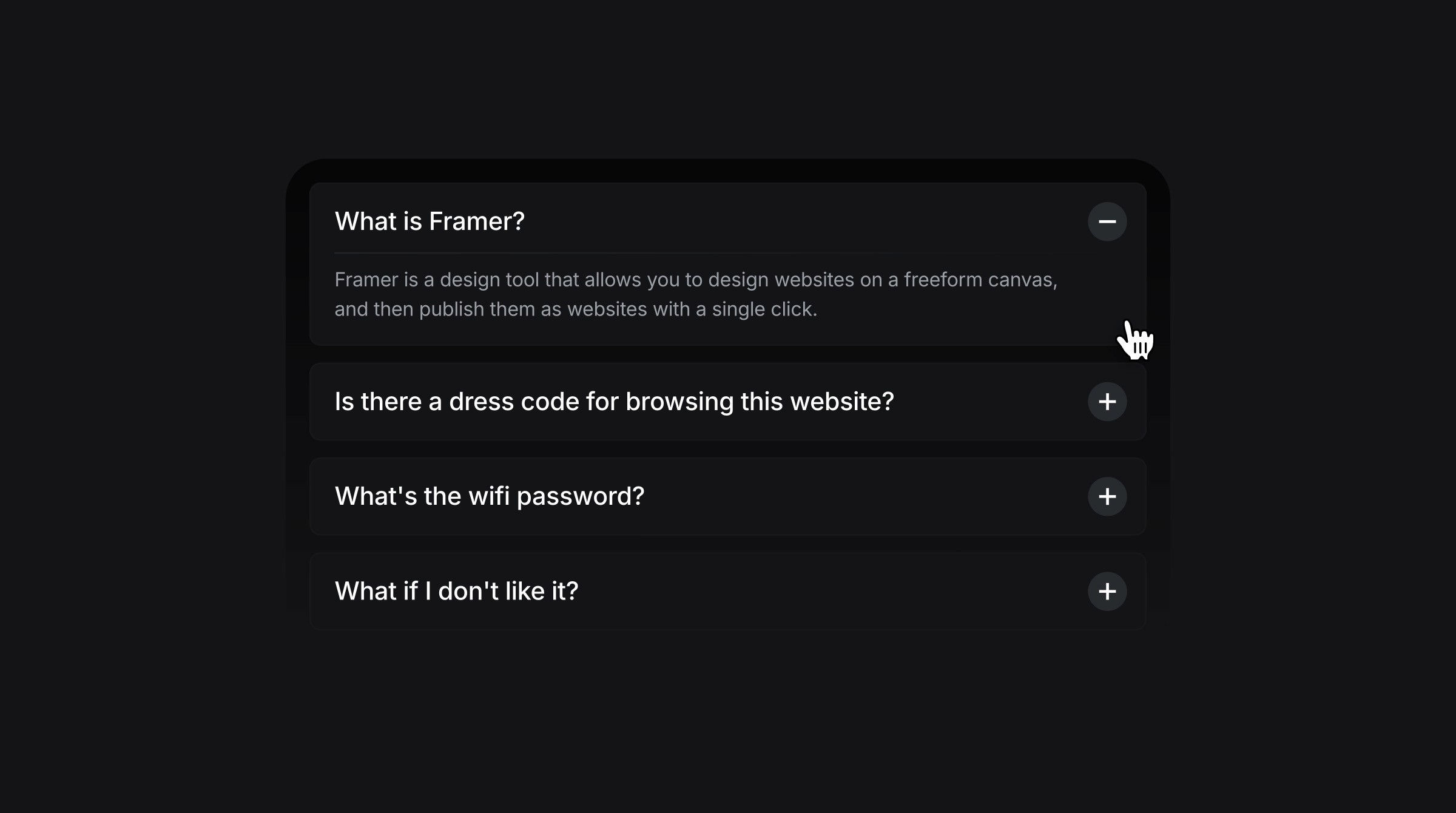 FAQ accordion menu with multiple questions about Framer website