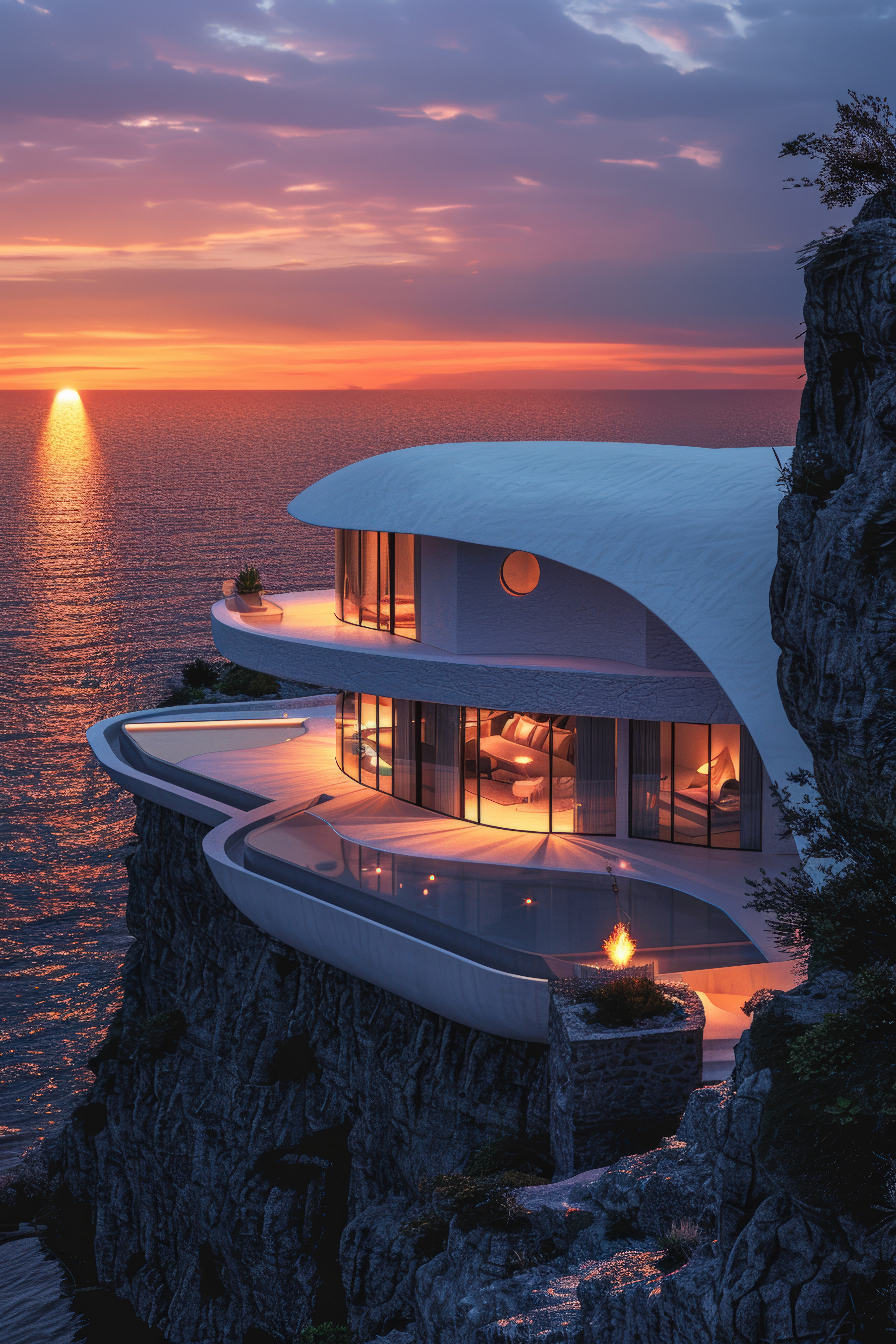 A modern, curved white house perched on a cliff overlooks a calm ocean at sunset. The sky is vibrant with a warm glow, creating a serene, luxurious atmosphere.