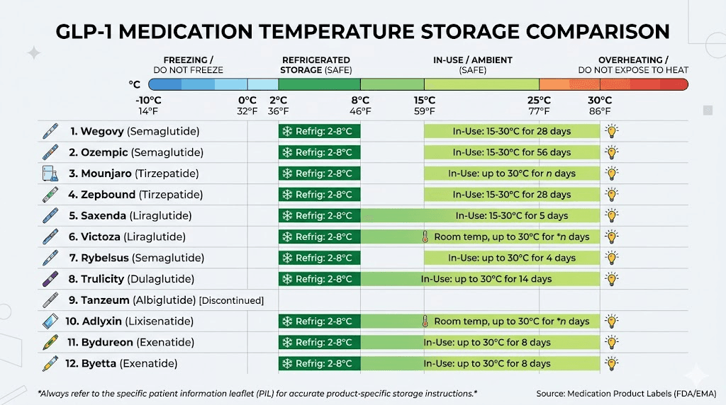 GLP-1 medication temperature storage requirements comparison chart