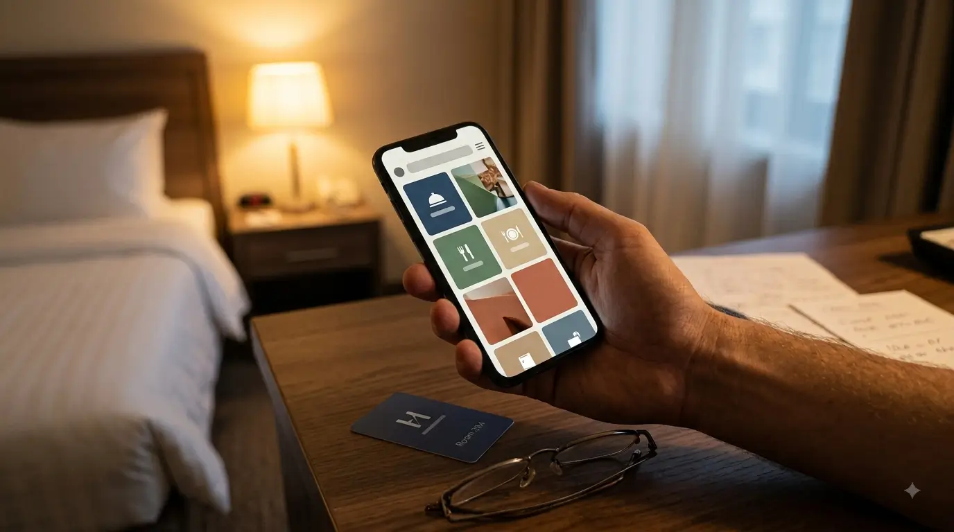 Guest holding a phone showing a hotel digital guidebook in their room in the evening.