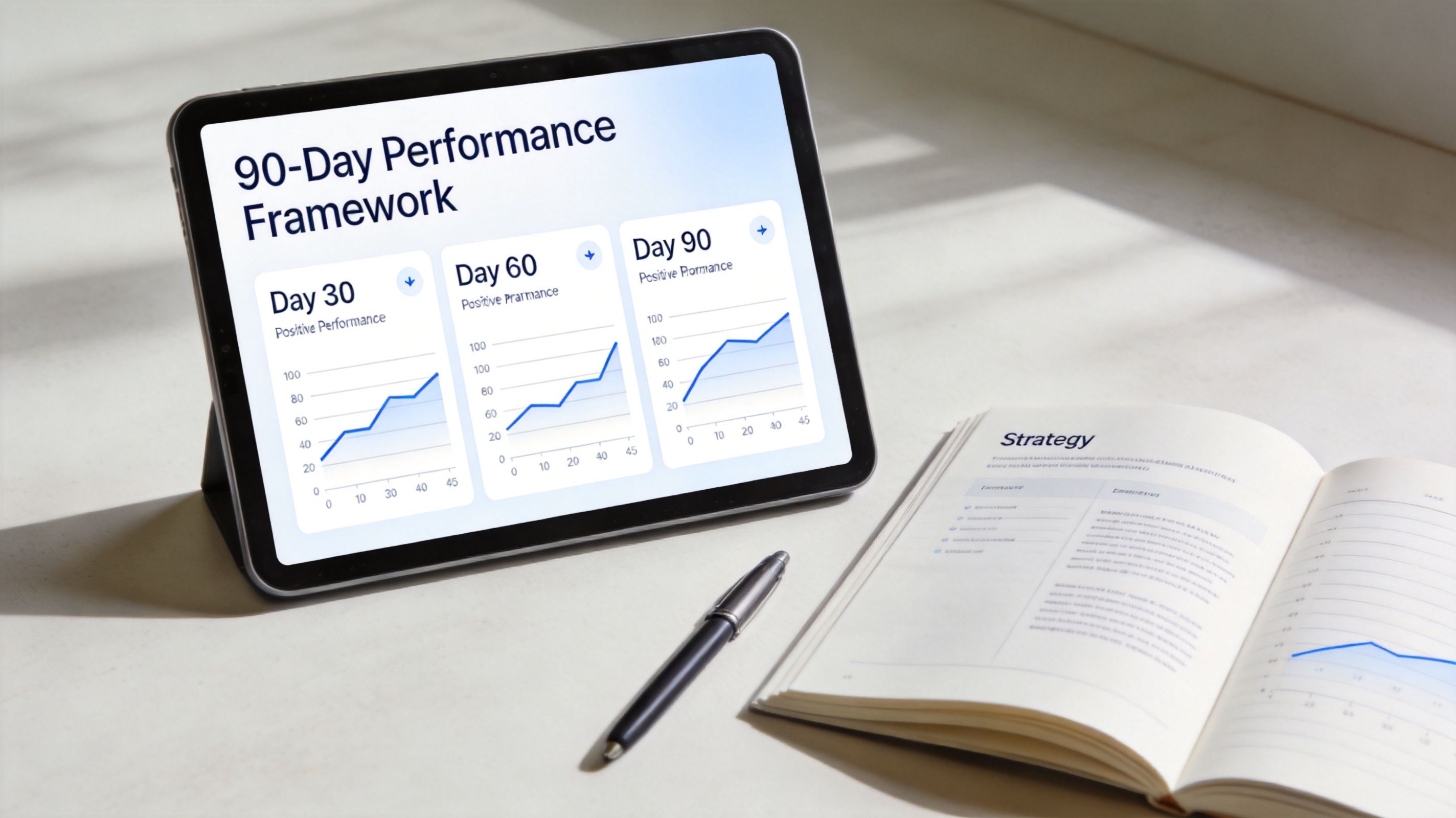 A digital tablet displaying a 90-day performance framework with charts beside a notebook and a pen.