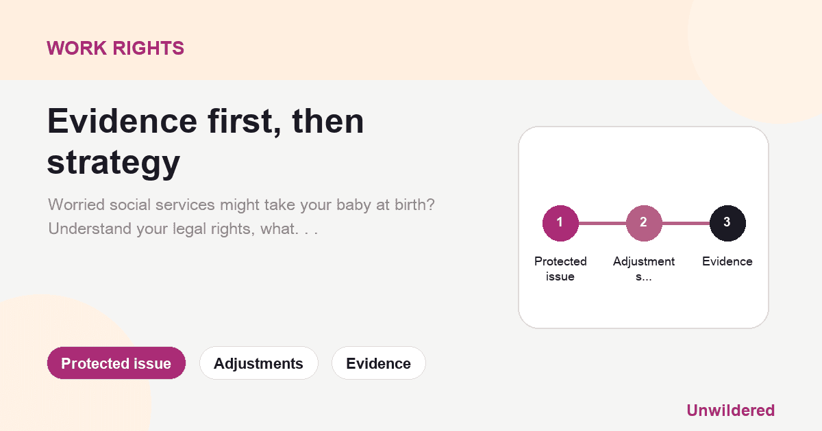Pregnant and Worried About Social Services? | Your Rights & What to Do 的说明卡：受保护问题、调整、证据。