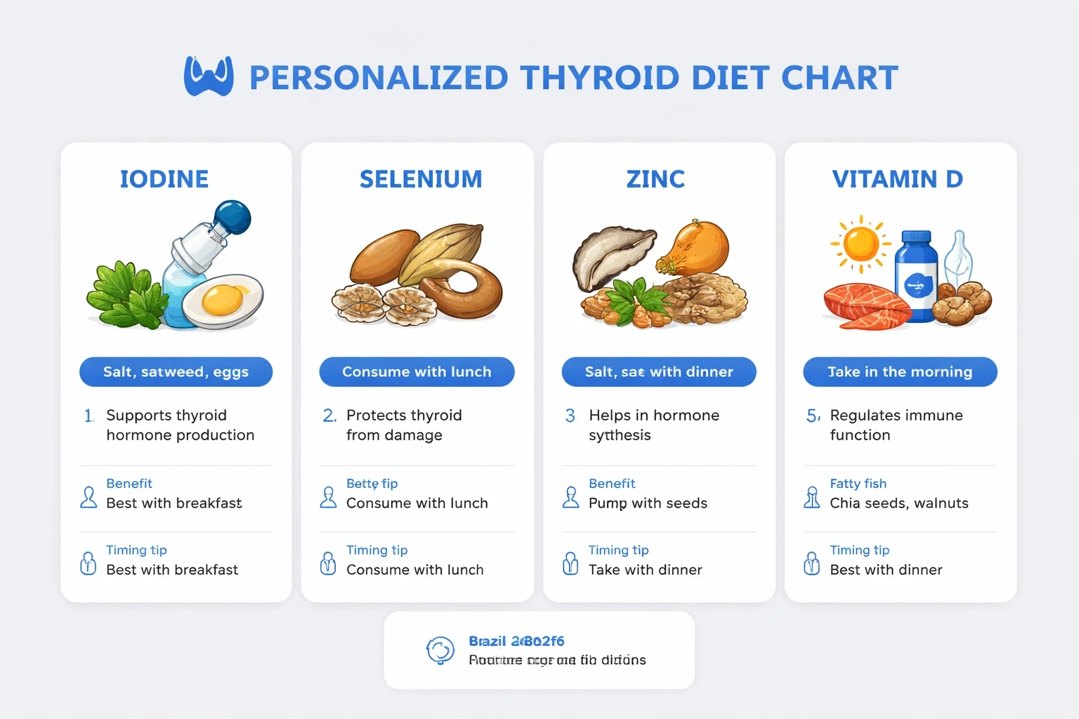 Modern card-style thyroid diet chart showing five key nutrients with icons, benefits, and timing tips on a light gray background.