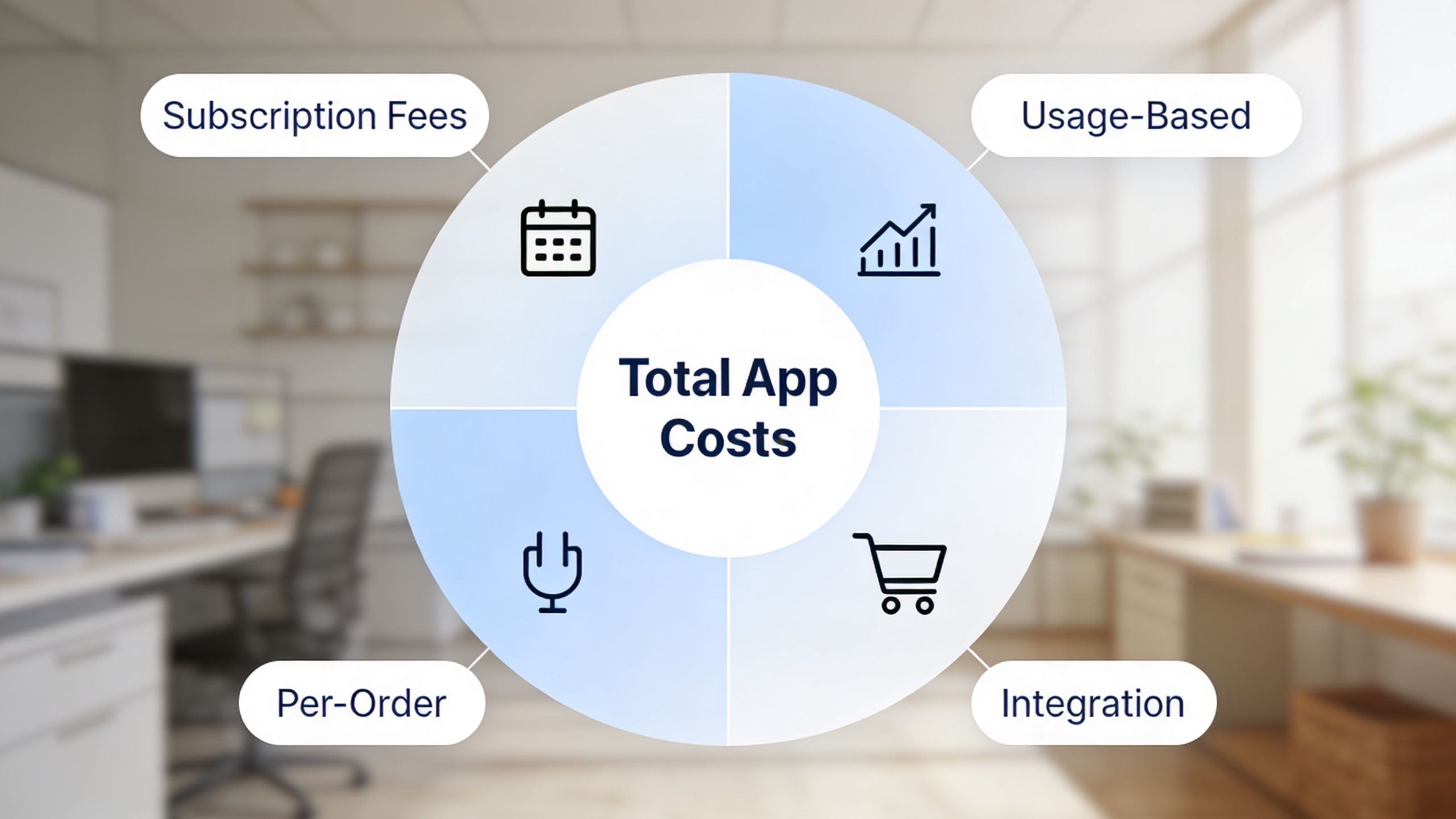 A circular diagram illustrating four core categories of total Shopify app stack costs for businesses.