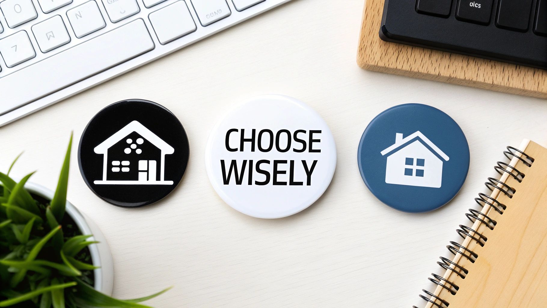 Three circular badges on a desk, two with house icons and one saying 'CHOOSE WISELY'.
