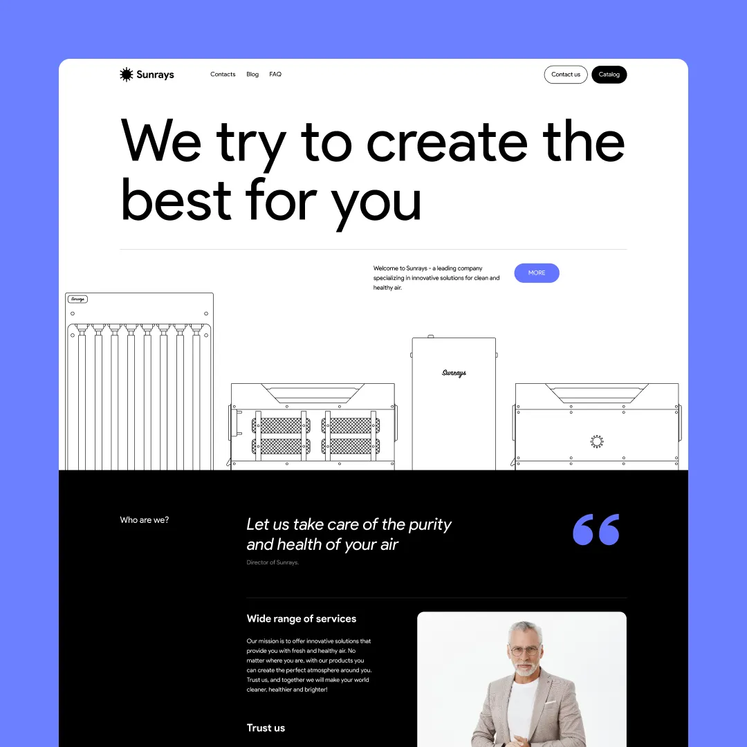Sunrays website landing page design with air purification products and sections