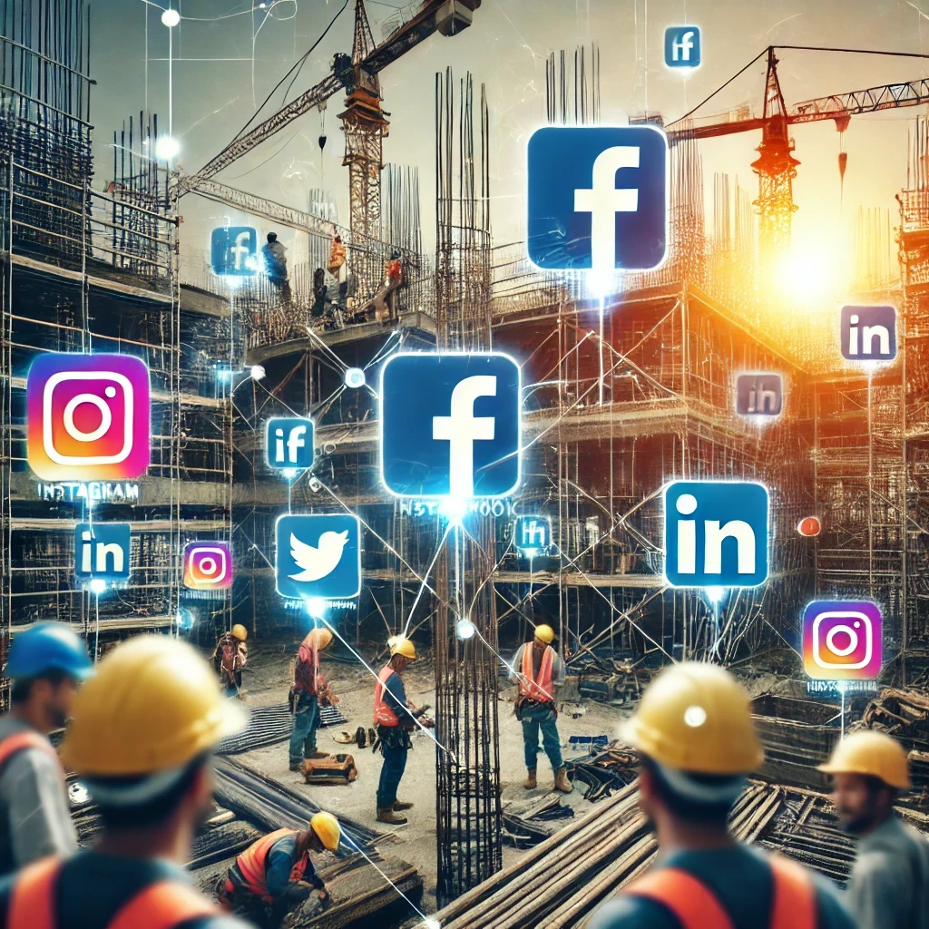 Une image montrant un chantier avec des éléments d'Instagram, Facebook, et LinkedIn en surimpression.