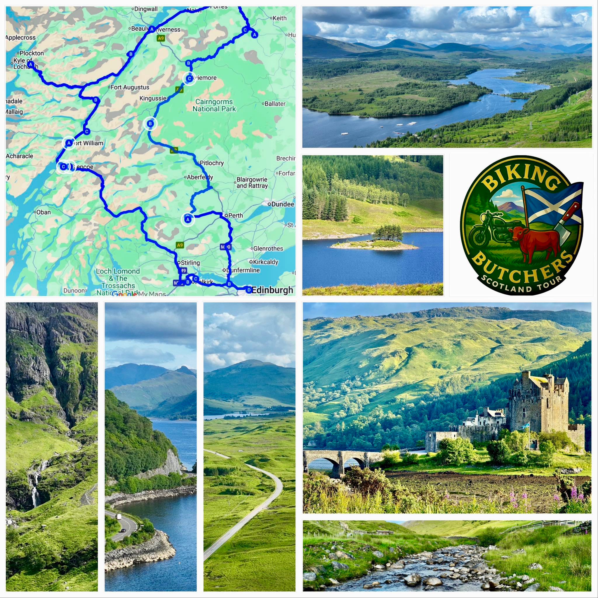 Originale Routen- und Landschaftscollage der früheren Schottland-Konzeption mit Highlands, Straßen, Eilean Donan Castle und Reiselogo