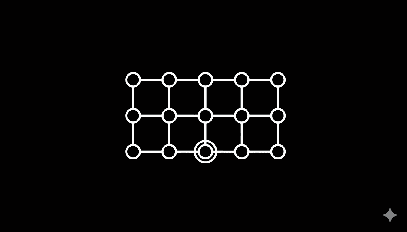 Minimalist node network with evenly spaced circles connected by clean lines in a geometric lattice pattern on a dark background, representing a shared open infrastructure layer