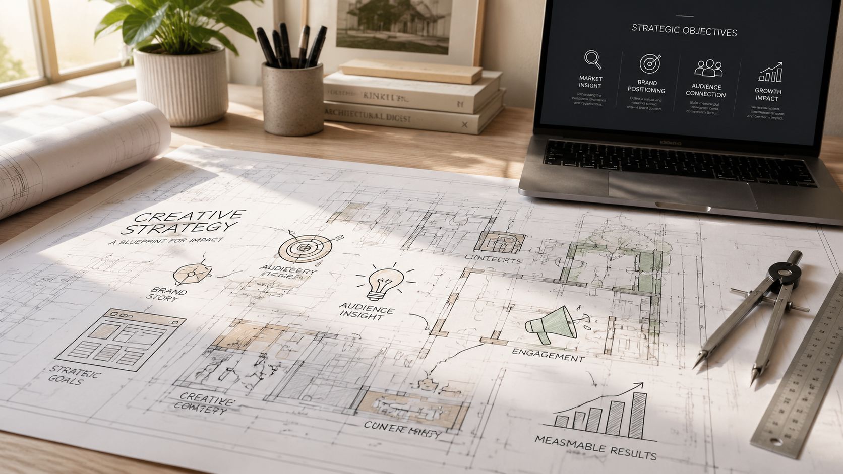 A creative strategy blueprint displayed on a desk with a laptop showing strategic objectives for marketing.