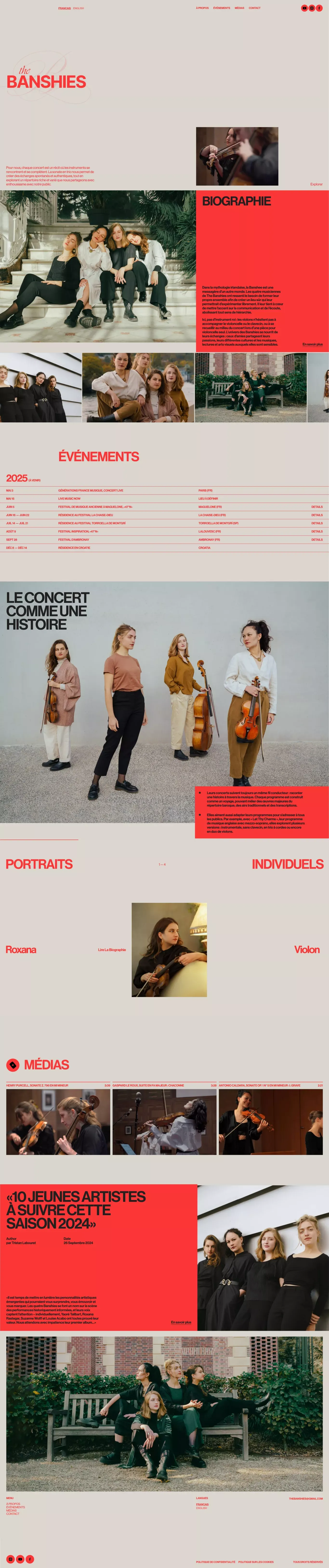 The Banshies landing page screenshot showcasing Music design