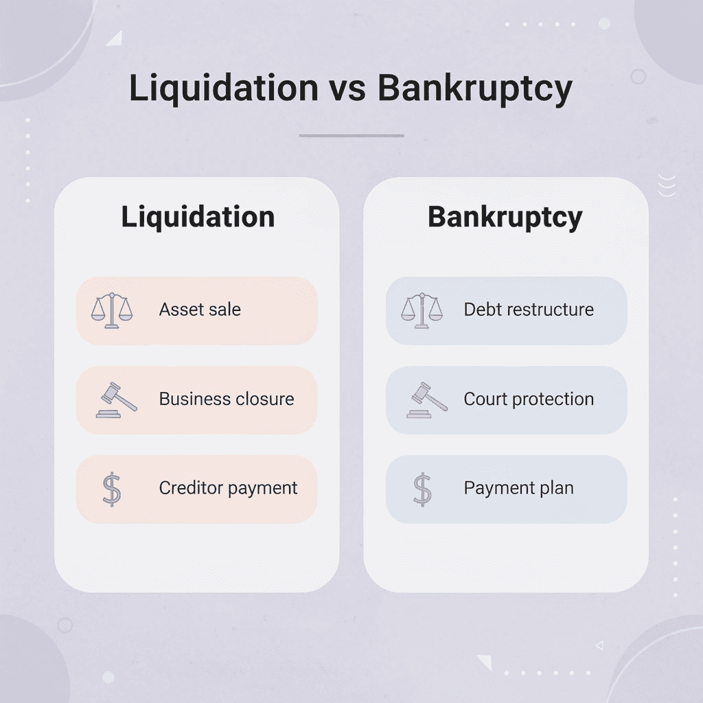 Comparison chart showing differences between liquidation and bankruptcy processes - Liquidation vs Bankruptcy