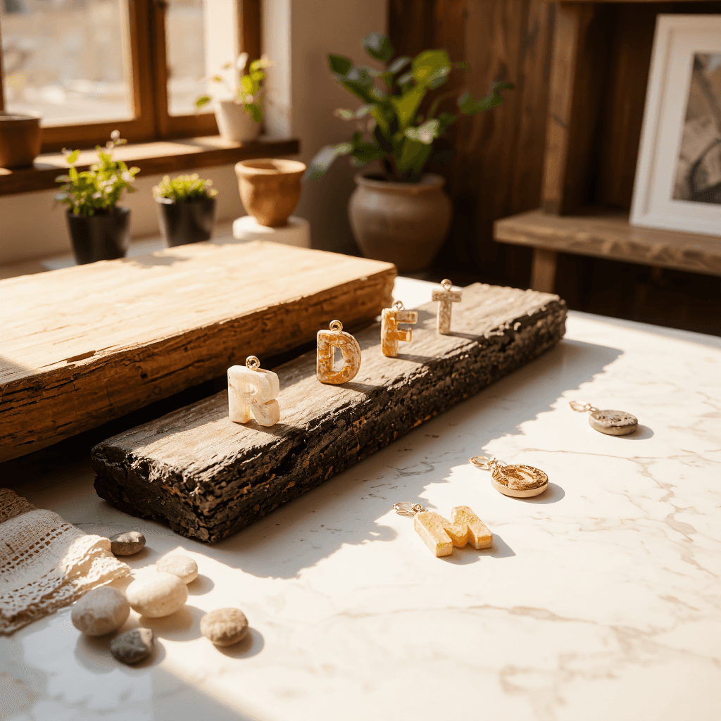 product photography of resin letter charm