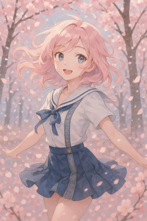 AI TikTok video generator creates anime-style spring girl scene.