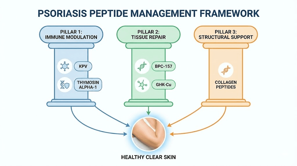 Three-pillar peptide protocol framework for psoriasis management infographic