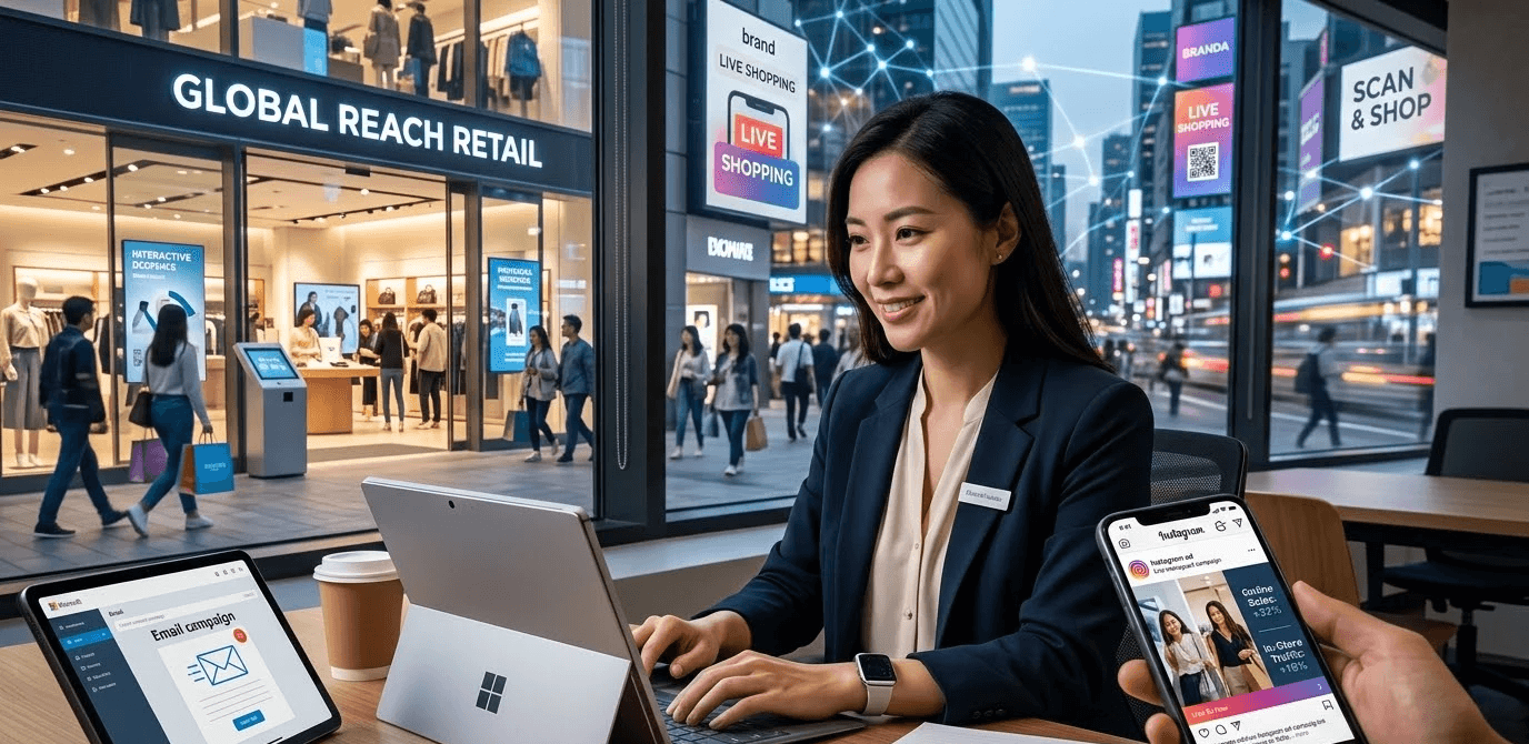 A person doing retail shopping online while sitting in a street full of retail stores.