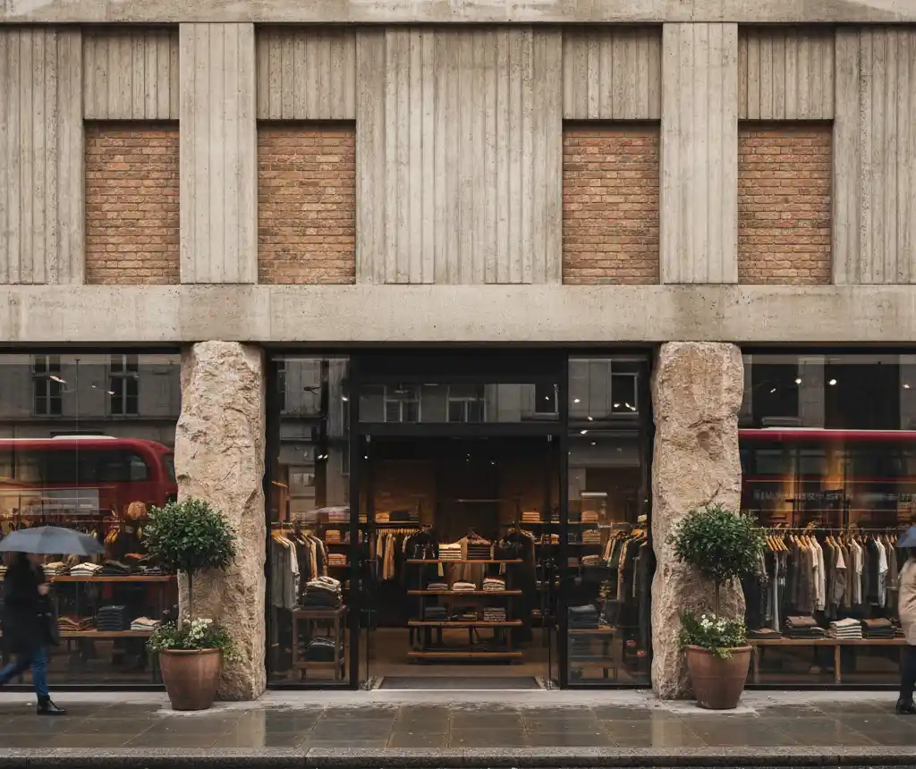 The storefront of a clothing boutique with large stone pillars and a concrete facade