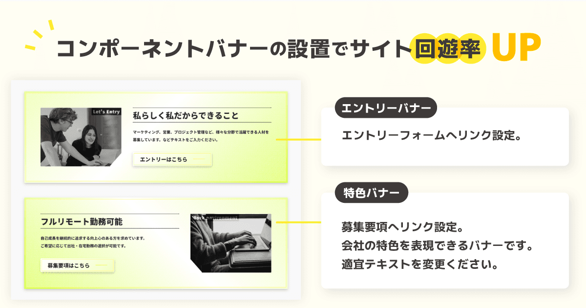 コンポーネント化したバナーを各ページへ設置することで、募集要項・エントリーフォームへアクセスしやすい設計が特徴です。