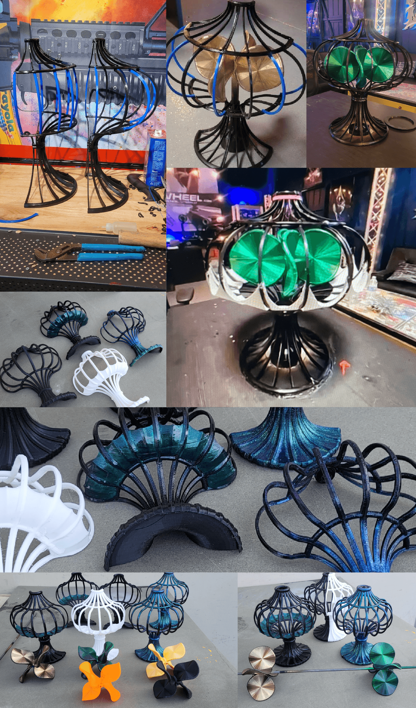 Collage showing the assembly process of a custom 3D-printed fan with interchangeable propeller designs.