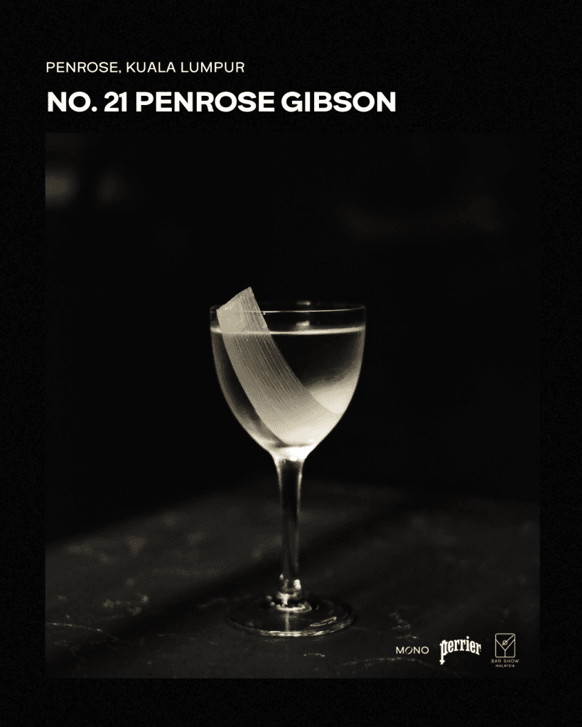 A sleek cocktail glass filled with a clear drink, garnished with a thin strip of garnish, displayed on a dark surface with the text indicating its name and origin.