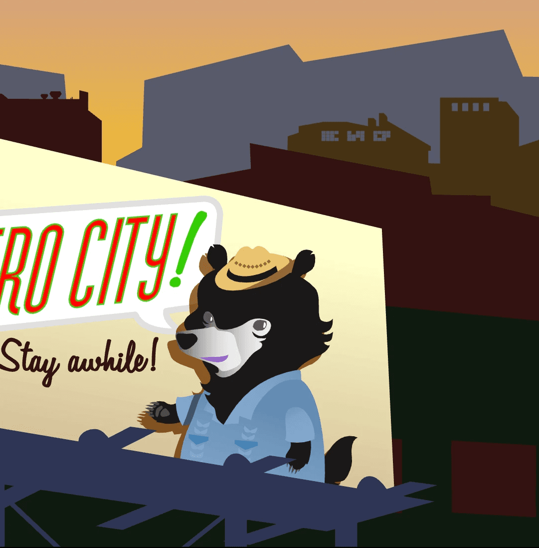 billboard with a small black dog wearing a hat and shirt