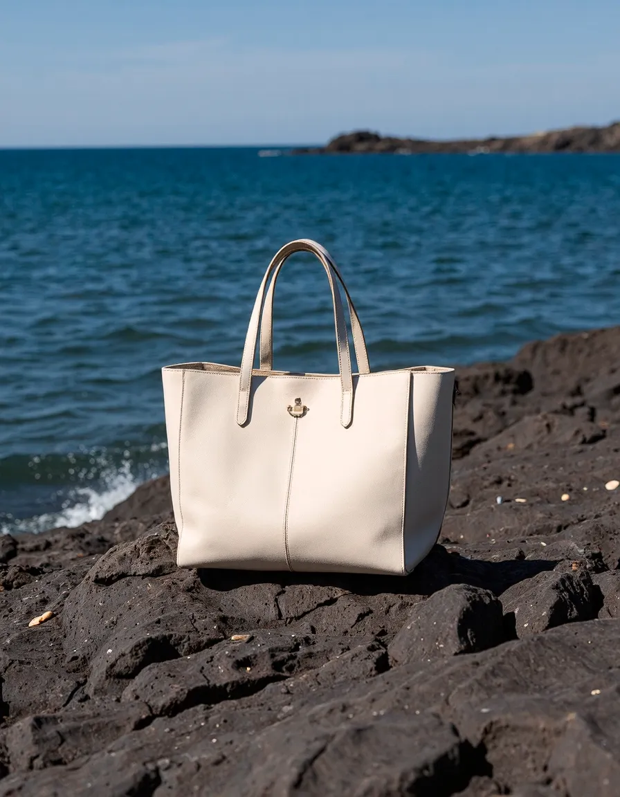 Elegant cream leather tote bag positioned on dark volcanic rocks with deep blue ocean waters and distant coastline in the background