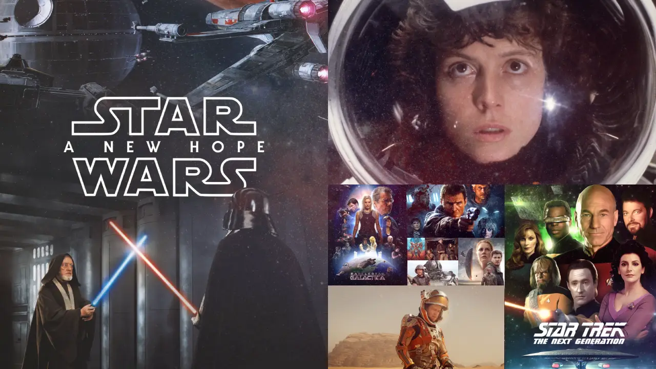 A collage of iconic science fiction images featuring scenes from "Star Wars: A New Hope" with lightsaber duel, a close-up of an astronaut in a helmet, Marvel superheroes from "Guardians of the Galaxy," an astronaut in the desert from "The Martian," and characters from "Star Trek: The Next Generation."