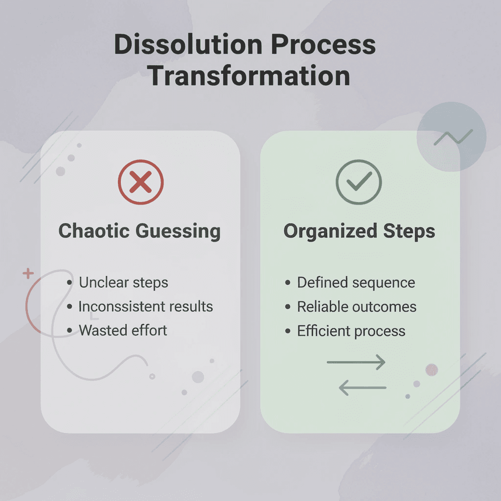 Before and after comparison showing transformation from chaotic guessing to organized steps