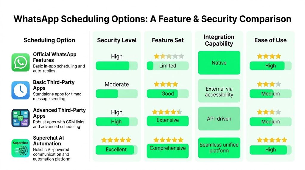 A comparison chart showing security, features, integration, and usability for different WhatsApp message scheduling automation tools.