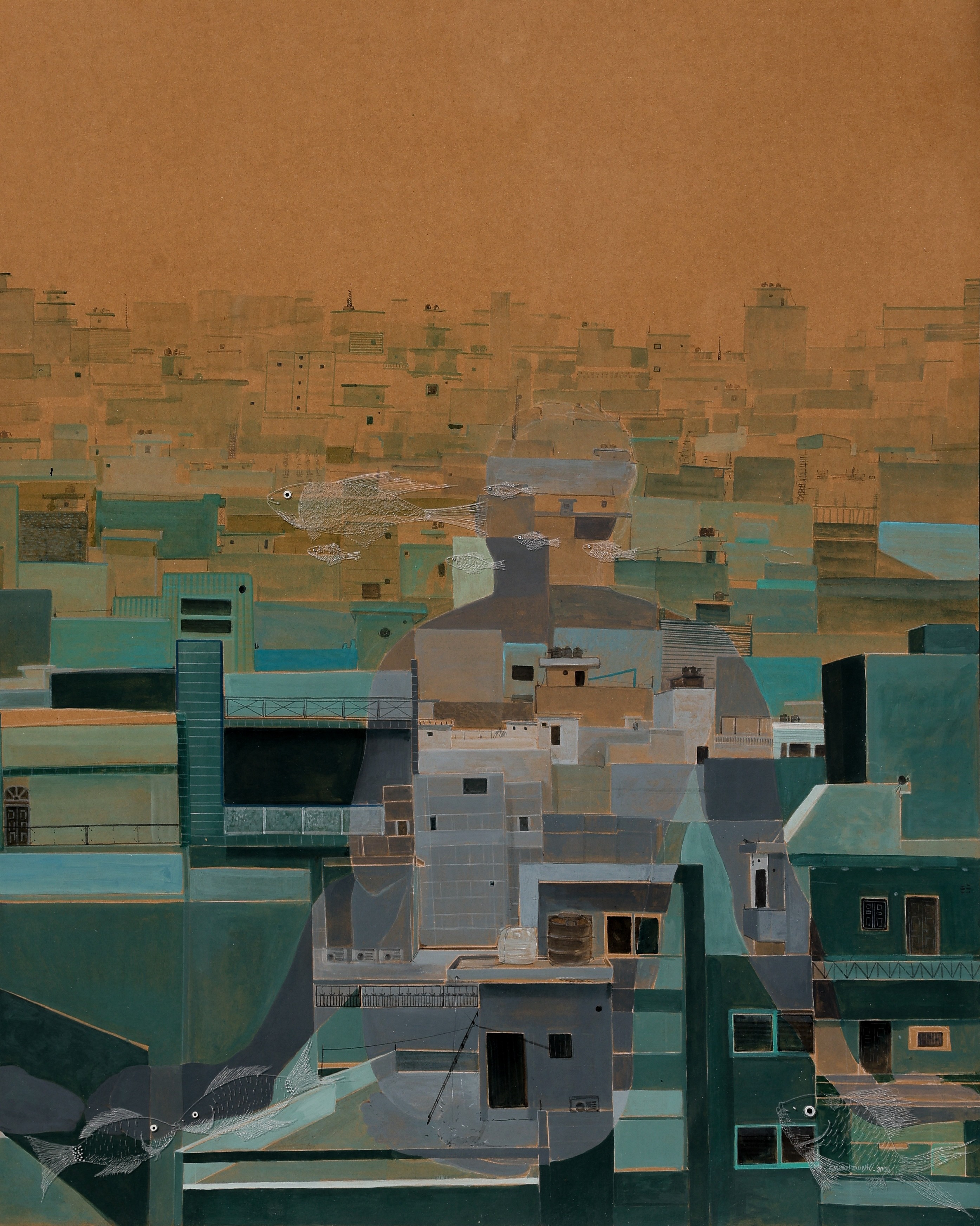 herd of sheep on road painting