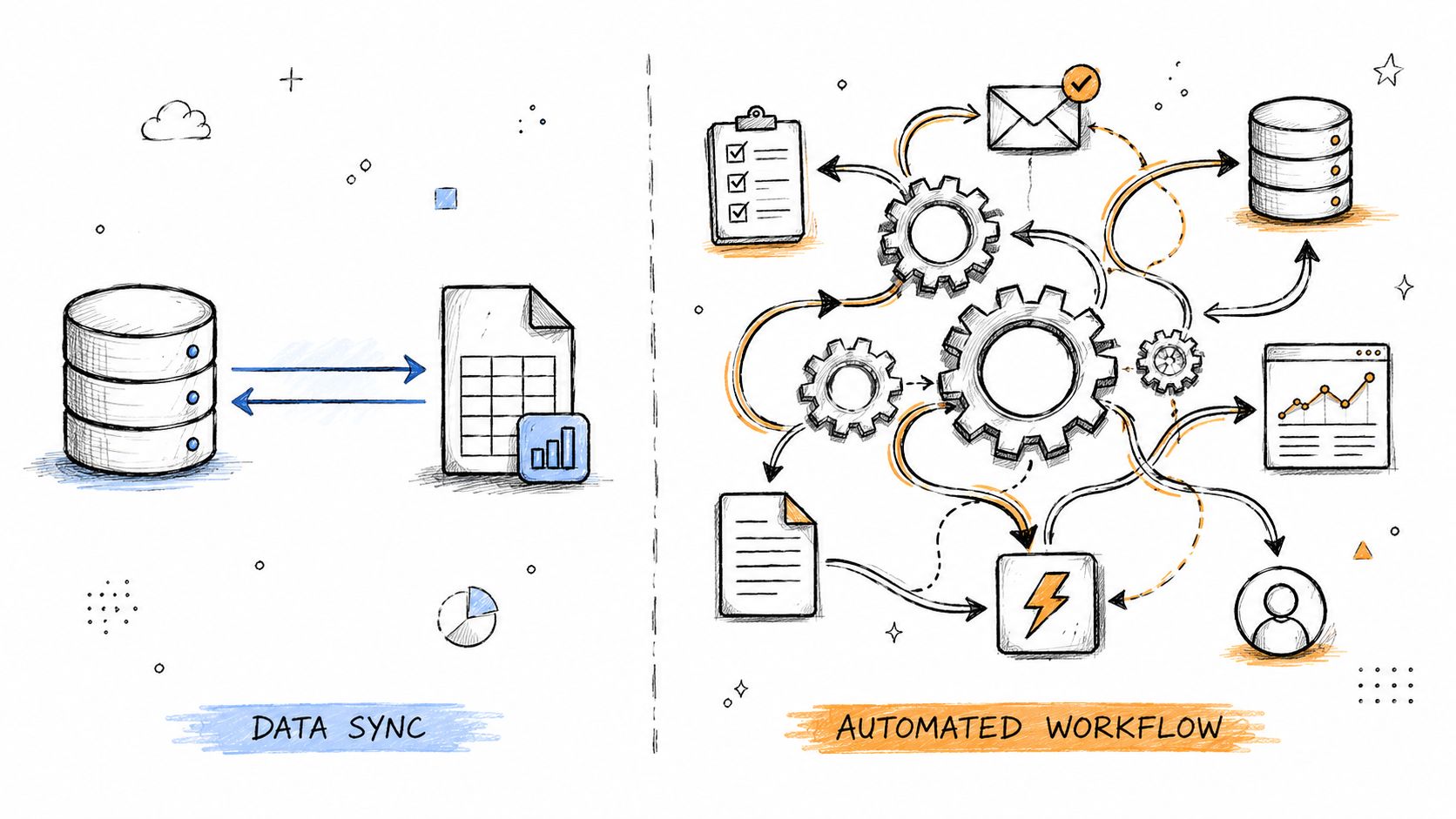 An illustration comparing data synchronization and automated workflow processes using icons and connection lines.