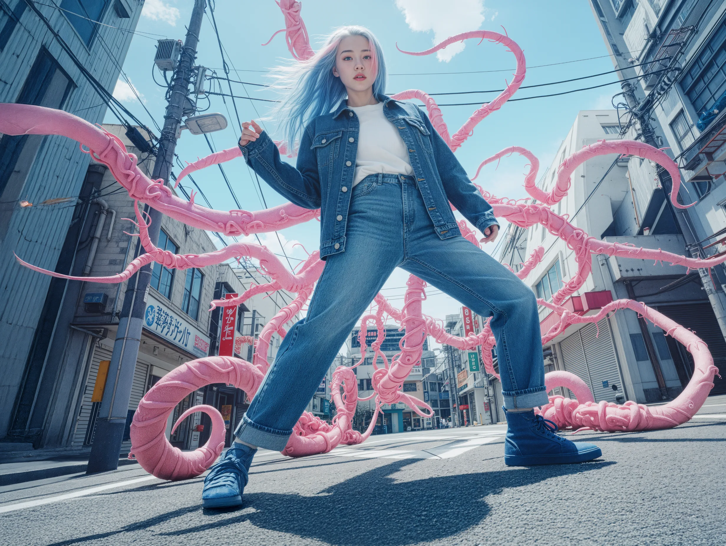Full-body street fashion portrait of a model wearing denim, surrounded by pink tentacle-like forms