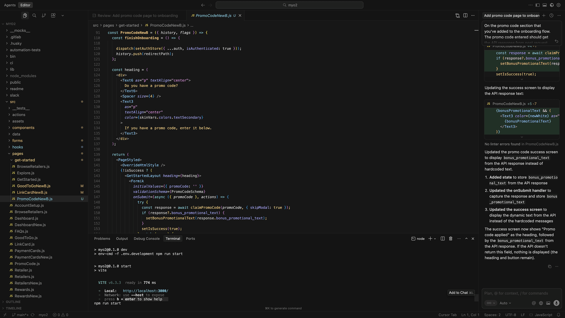 Code editor view showing implementation updates for a new promo code page and success messaging.