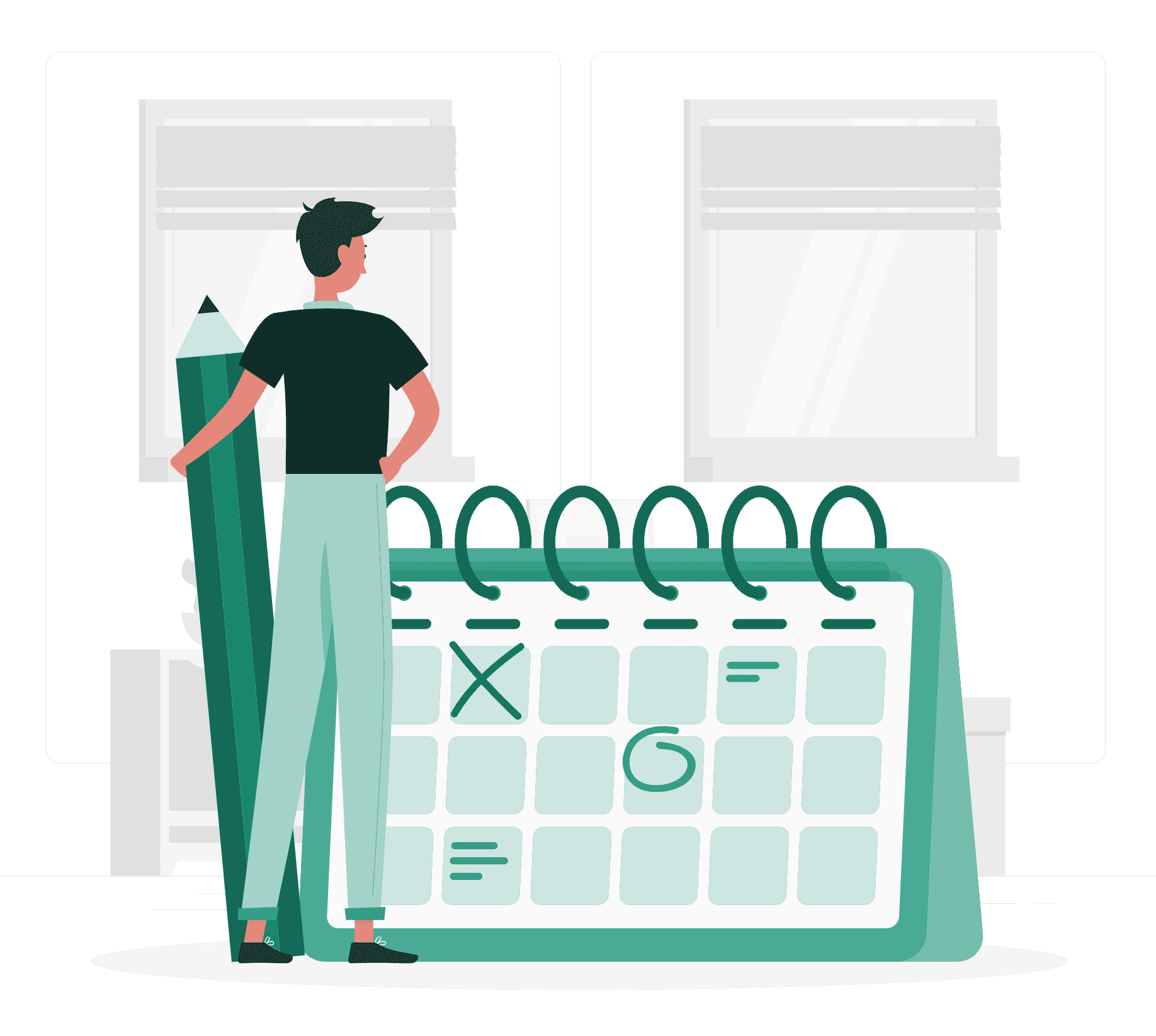 Illustration of a person standing beside a calendar, symbolizing scheduling a call or booking a consultation with CaseWhen Consulting for Power BI services.