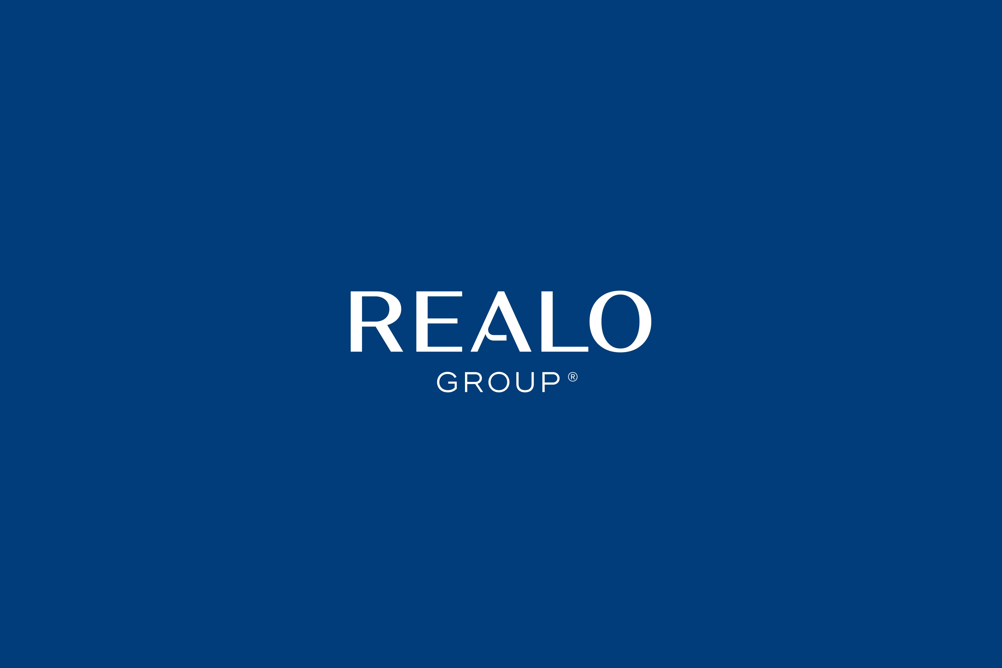 Realo Group wordmark on a deep blue background.