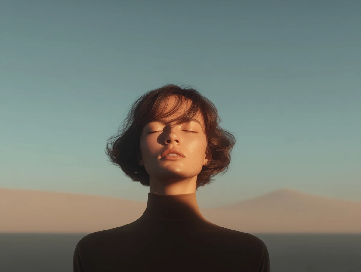 Minimalist portrait of a woman with short hair and eyes closed in golden hour sunlight.