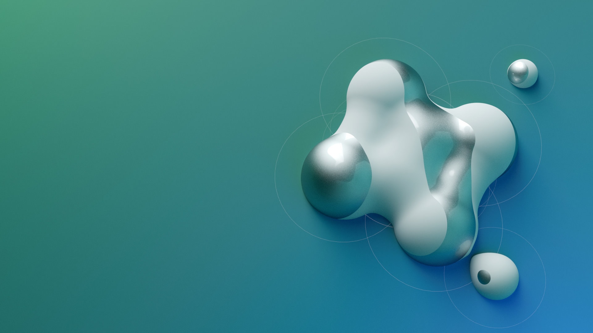 Silberne Metaballs mit blauen Lichtakzenten und geometrischen Linien – Symbol für fluide KI-Technologie von Mercury.ai.