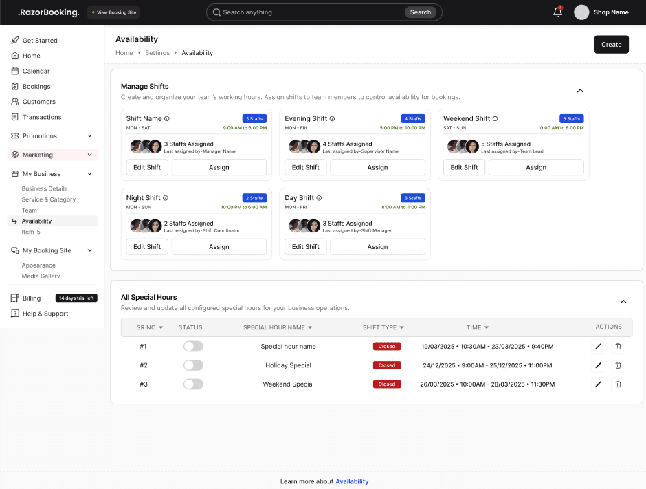 Availability page in RazorBooking admin with shift cards under Manage Shifts and the All Special Hours table